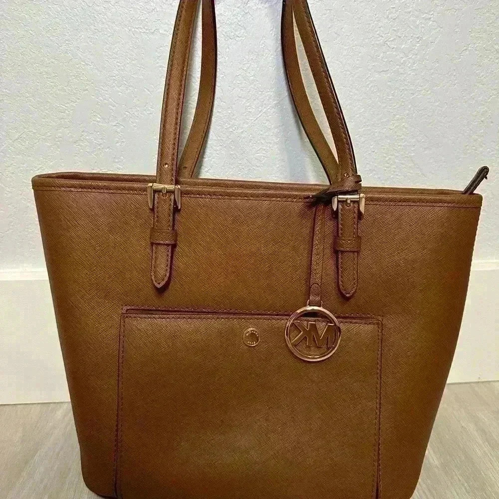 Michael Kors Tote Bag Brown Leather Shoulder Bag MK Charm Gold Hardware - Picture 2 of 14